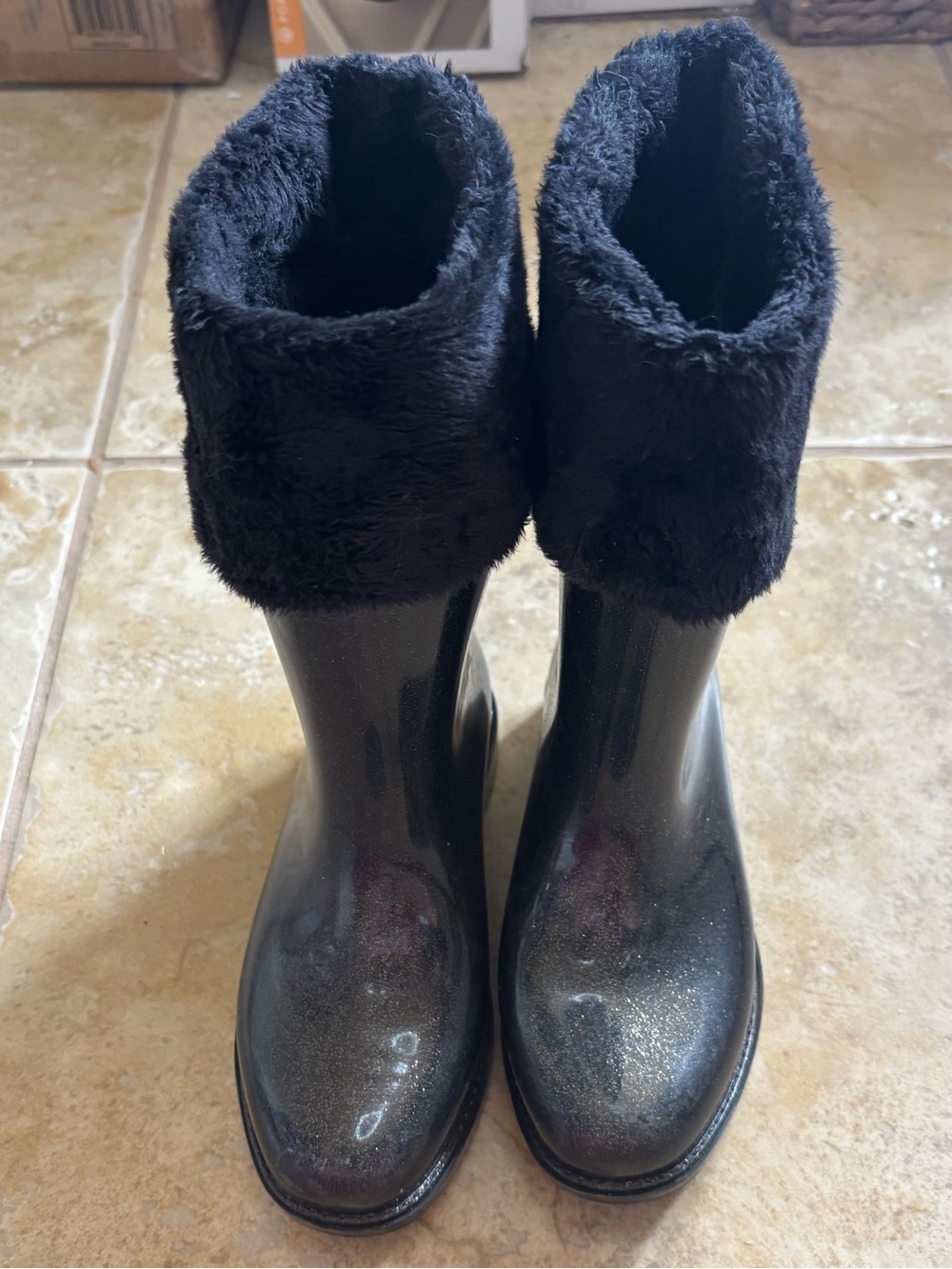 Melissa Black Glitter Kids Rain Boots with Faux-Fur Cuff
